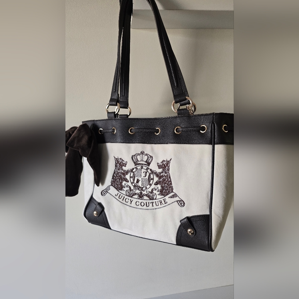 Juicy Couture Classic Scottie Dogs Tote Crystal Canvas Black Trim NWT